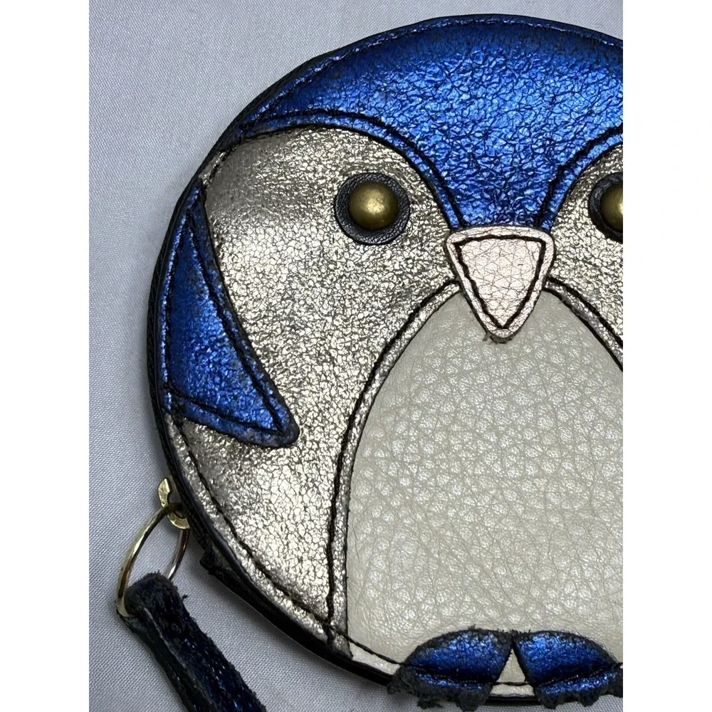 Fossil Penguin Leather Zip Up Coin Purse Wallet Blue Glitter Accessory Unique